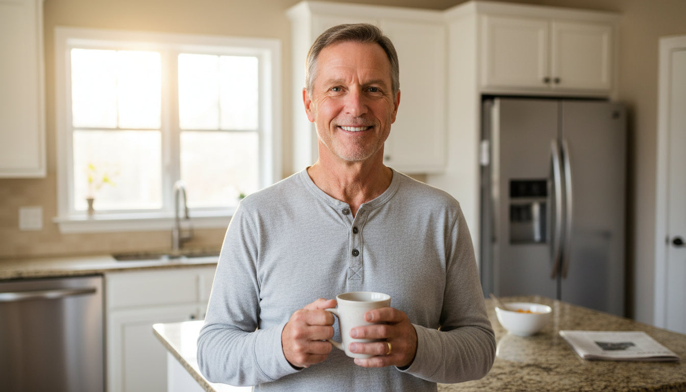 Man in kitchen holding coffee mug, looking refreshed